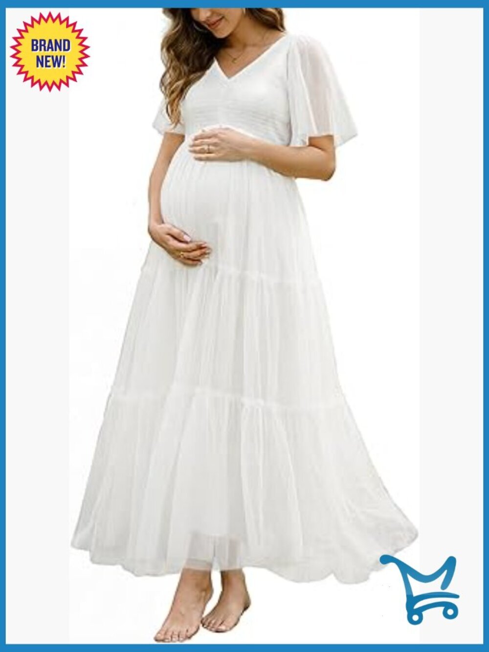 Maternity Maxi Photoshoot Dress Flutter Sleeve V-Neck A-Line